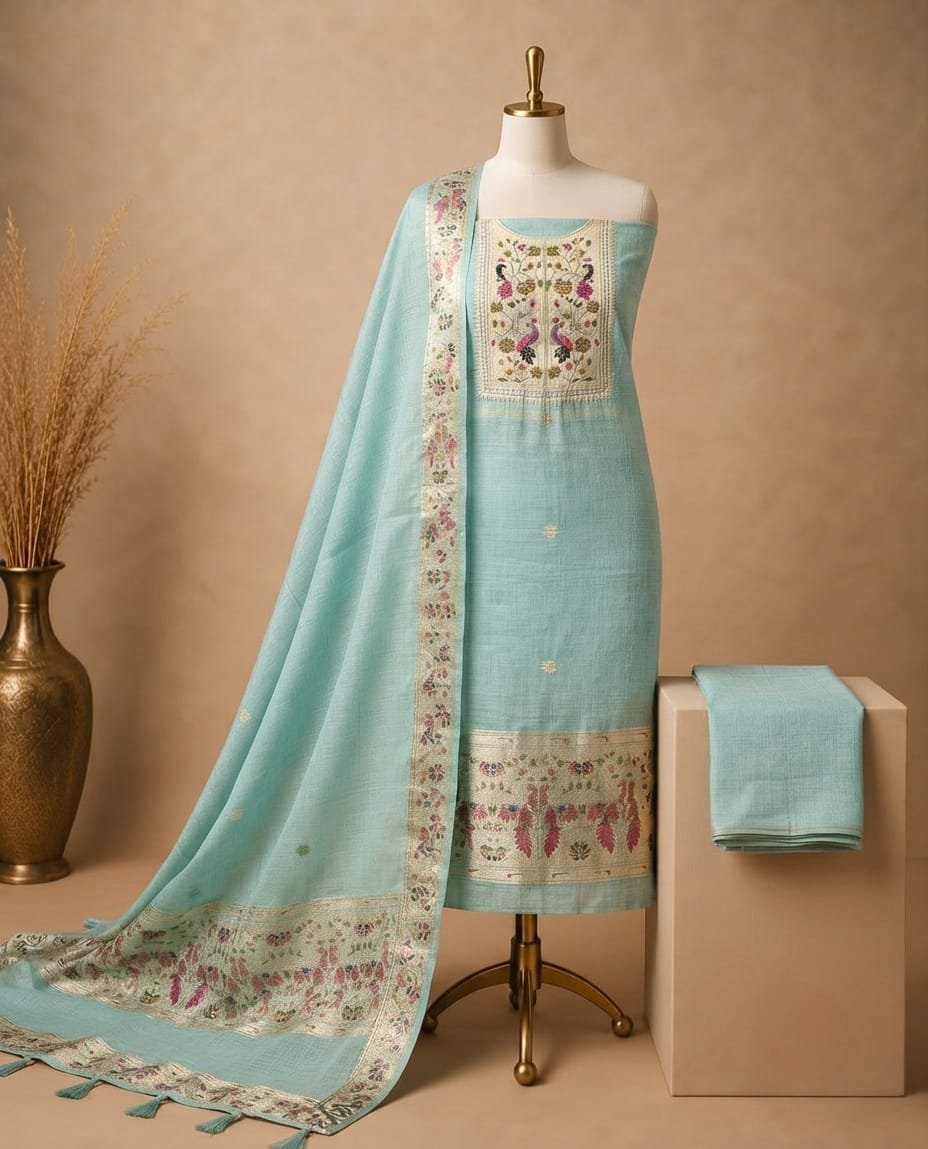 TOP   Cotton Silk Jamdani Zari Weaving With Meena Paithani  Cut