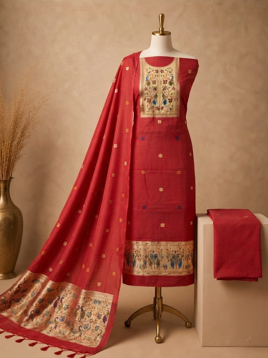 TOP   Cotton Silk Jamdani Zari Weaving With Meena Paithani  Cut