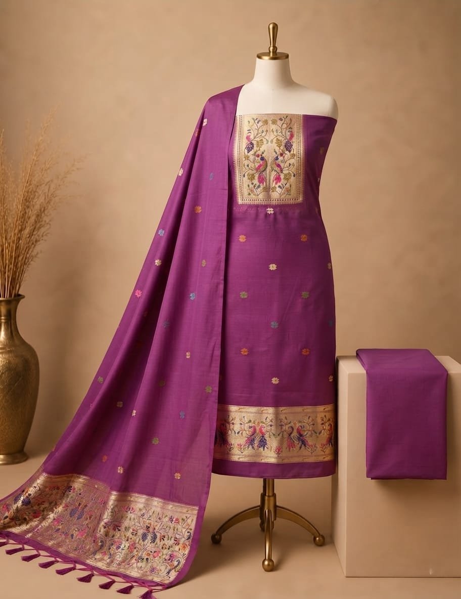 TOP   Cotton Silk Jamdani Zari Weaving With Meena Paithani  Cut