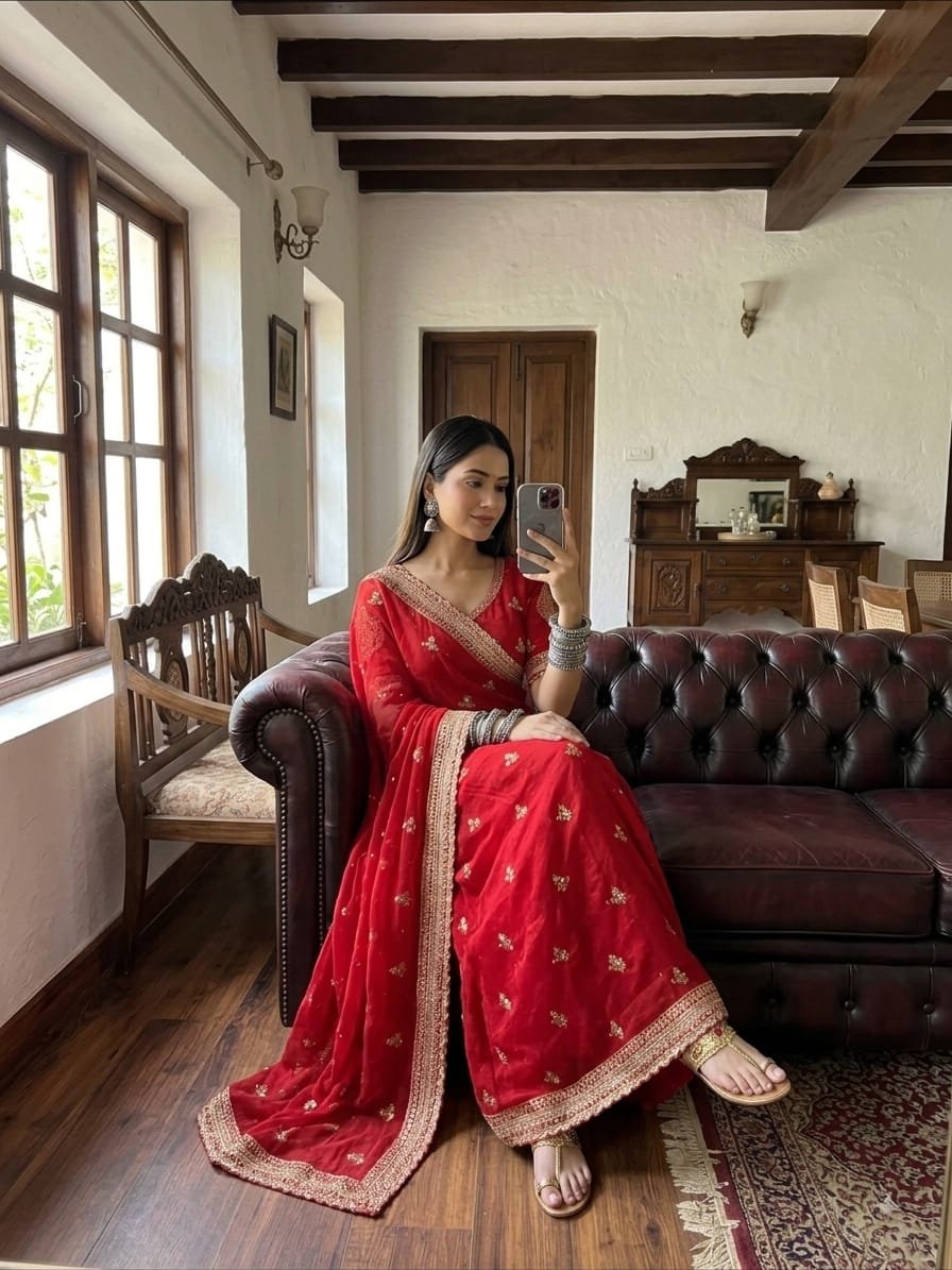 🥰😍 For Your Upcoming Festival   A pretty women wearing amazing red color soft nd shining with elegan
